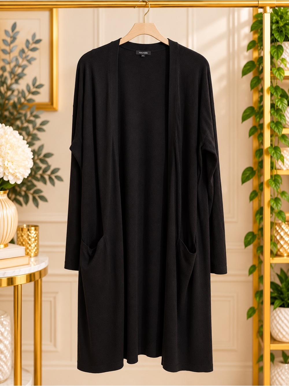 Halogen Black Long Open Front Cashmere Blend Duster Cardigan Pockets M